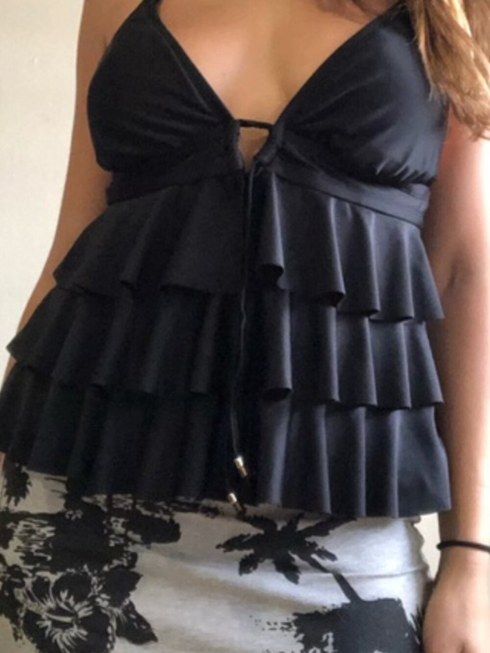 Black halter swimsuit top Full ruffle tiered Size Medium peplum excellent